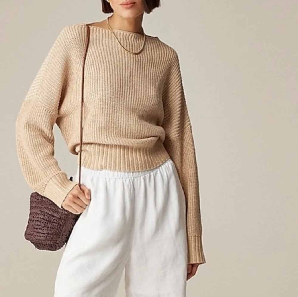 J. Crew Ribbed funnel neck sweater  linen cotton blend Soft Khaki Bone XXS NWT